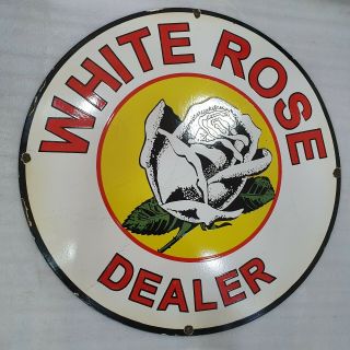 WHITE ROSE DEALER 30 INCHES ROUND VINTAGE ENAMEL SIGN 3