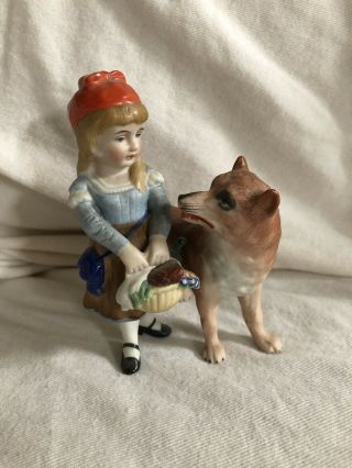 Antique All Bisque 4.  25” Little Red Riding Hood And Wolf German Doll Figurine