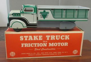 Vintage Marx Steel Friction Motor Tri City Stake Truck Near W/original Box