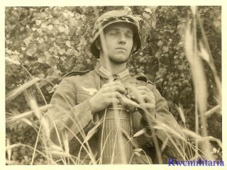 Port.  Photo: Frontline Wehrmacht Officer In Foliage W/ Binoculars On Watch