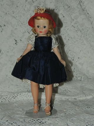Vintage Great Blonde Cissette Doll In Blue Dress/poka Dot Sleeved Dress - Red Hat