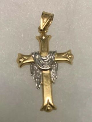 Vintage Italy Solid 14k Yellow Gold Religious Cross Dangle Pendant Draped Cloth
