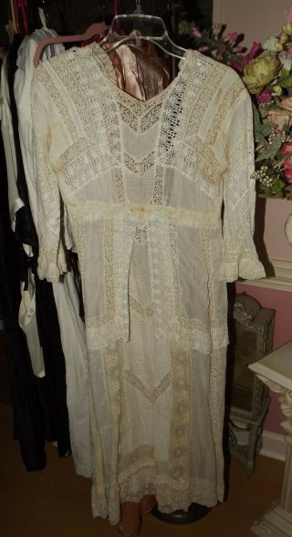 Antique Vintage Batiste Embroidery Cutwork Bobbin Lace Pintucks Trim Day Dress