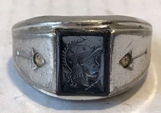 Vintage Uncas Mfg Co Sterling Silver Roman Soldier Hematite Cameo Ring Sz 9.  5