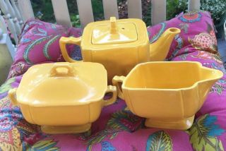 Vintage Homer Laughlin Riviera Yellow Tea Set,  Tea Pot,  Sugar And Creamer Fiesta
