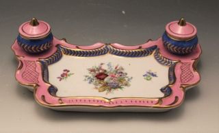 Vintage French Imperial Porcelain Inkstand W/ Double Inkwells Pompadour Pink
