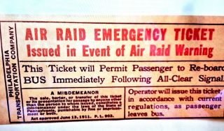 Vintage Ww2 Philadelphia Transportation Co Air Raid Re Boarding Pass Ultra Rare
