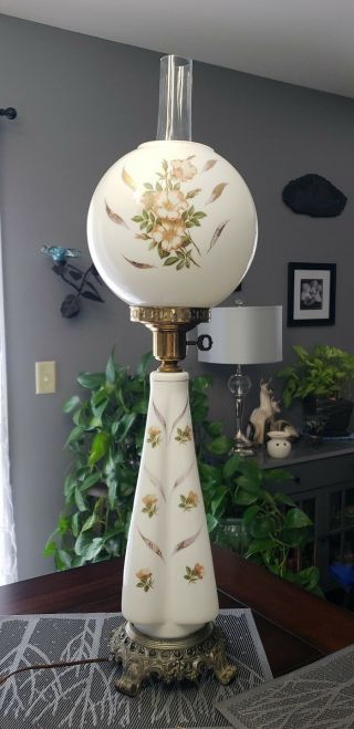 Large 32 " Vintage Banquet Parlor Gwtw Lamp W/ Floral Shade 3 Way