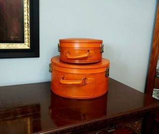 2 Matching Round Leather Hatboxes 13 ",  10 " Unbranded