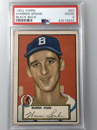 1952 Topps Warren Spahn Black Back Good Psa 2 Braves 33 Vintage Baseball Card