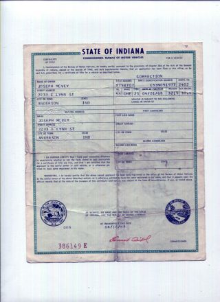 Vtg Car Title Indiana 1953 Chevrolet Bel Air 2 Dr Sedan C53n Historical Document