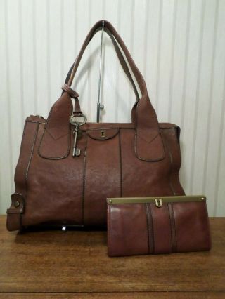 Fossil Vintage Reissue Brown Leather Satchel Shoulder Handbag & Wallet Euc