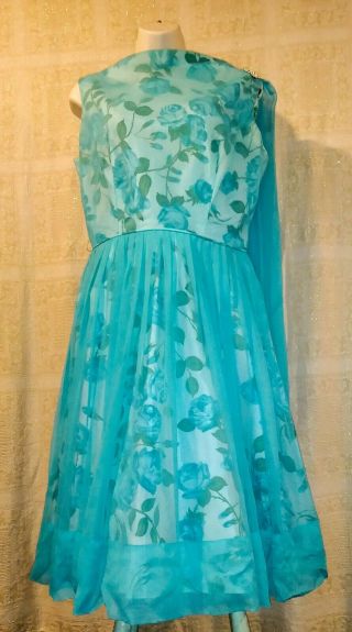 Vtg 50s 60s Taffeta & Chiffon Fit Flare Dress Blue Roses Scarf Rhinestone Pin M