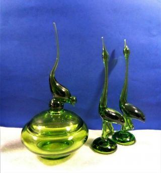 Vintage Viking Avocado Green Glass Epic Egrets 3 Piece Set