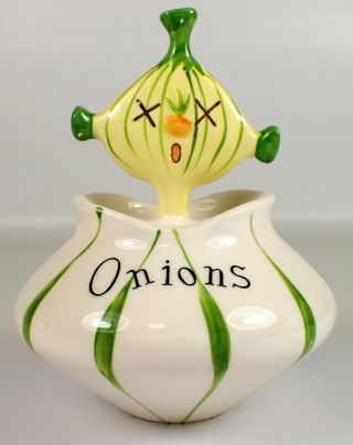 Vtg 1958 Holt Howard Pixieware Ceramic Green & White Onions Jar And Drip Spoon