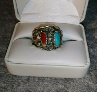 Vtg Native American Mens Turquoise Red Coral And Sterling Silver Ring Size 10.  5