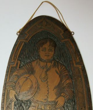 Antique 1910 Football Player Carved Wood Plaque Pyrography Flemish Art Co.  N.  Y.