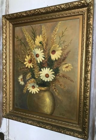 Vintage Daisy Floral Oil Painting By Helen Vail Wood Gold Gesso Ornate Frame