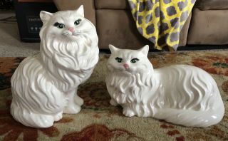 Set Of Vintage White Glossy Ceramic Green Eye Persian Cat Statue Figurines