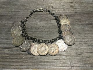 Antique Sterling Silver English Coin Charm Bracelet