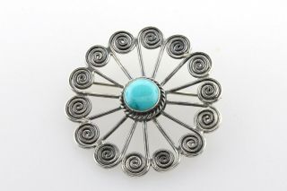 Handmade Sterling Silver 925 Vintage Round Rope Line Swirl Turquoise Brooch Pin