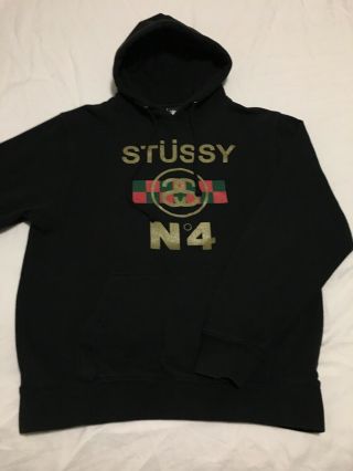 Vtg Stussy No 4 Big Logo Black Hoodie Hooded Sweatshirt Mens Medium Stucci Gucci