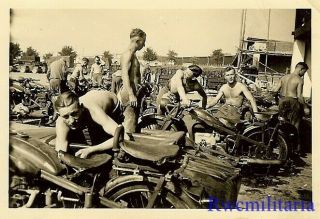 Summer In Russia Bare Chested Wehrmacht Kradmelder W/ Their Motorcycles