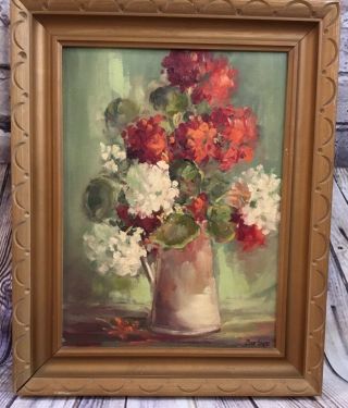 Vintage Framed Oil Painting Red And White Geraniums Bouquet Signed Mae Sipe 1967