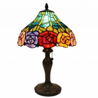 Tiffany Style Rose Table Lamp Light Stained Glass Shade Vintage Fixture Chain