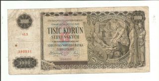 1000 Korun.  From Ww2 German Occupation In Slovakia.  Large & Colorful.