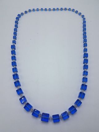 Vintage 1920 " S Art Deco 36 " Graduated Flapper Blue Square Glass Bead Necklace