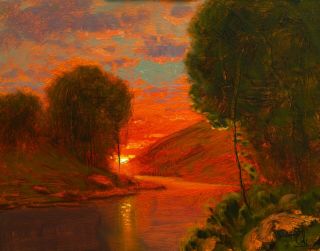 Oil Painting Landscape Western Art Red Clouds Sunset Vintage Max Cole