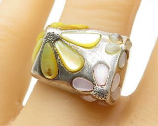 925 Sterling Silver - Mother Of Pearl Hippie Flowers Statement Ring Sz 8 - R6676