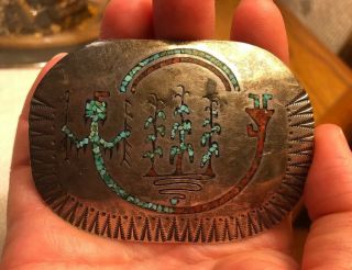 Vintage Navajo Sterling Silver Turquoise Red Coral Inlay Belt Buckle F Keams