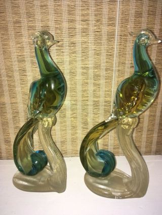 Midcentury Murano Art Glass Pair Bird Of Paradise Figurines Vtg Sculpture Rare