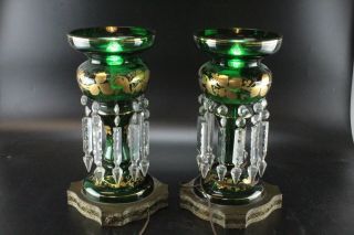 Antique Vintage Hand Painted Blown Glass 14.  5 " Bohemian Mantle Luster Lamps