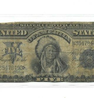$5 " 1899 " (chief Onnepapa) " Silver Certificate $5 " 1899 " (indian Chief) Rare