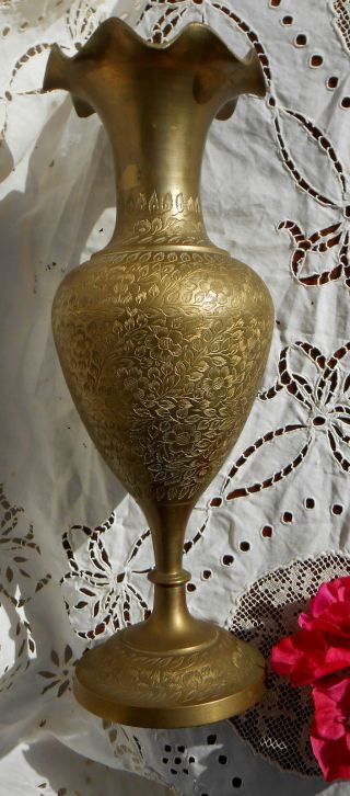 Large Vintage Solid Brass Fluted Vase Signed,  Numbered,  Foral Etching