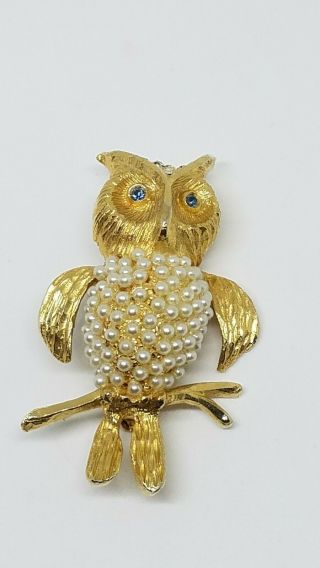 Vintage Hobe Owl Faux Pearl Rhinestone Gold Tone Brooch Pin