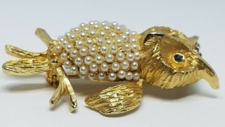 Vintage HOBE Owl Faux Pearl Rhinestone Gold Tone Brooch Pin 3
