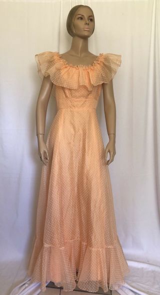 Vtg 70s Gunne Sax Style Dress Off Shoulder Boho Party Maxi Peach Polka Dots M/l