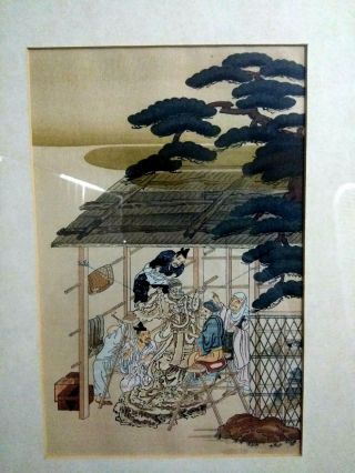 A Vintage Framed Japanese Woodblock By Tosa Mitsuoki