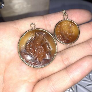 Antique Art Deco Reversed Carved Pendant Necklace Charm Tigers Eye Set Of 2