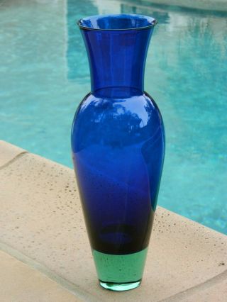 Vintage 15 - Inch Tall Cobalt Blue Glass Vase Heavy Coke Bottle Green Base