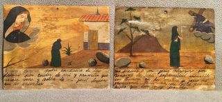 Vintage Mexican Folk Art Retablo Hand Painted Tins Religious Theme TWO Tins 2