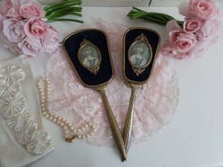 Vtg.  Antique French / Italy 2pc.  Hp Marie Antoinette Hand Mirror & Brush Set