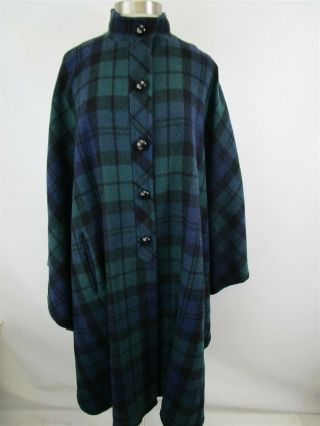 Vintage Pendleton Green Blue Wool Plaids Cape With Leather Buttons O/s Size