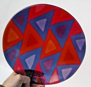 Vintage 10 " Signed Lynn Latimer Studio Art Fused Iridescent Red Blue Glass Bowl