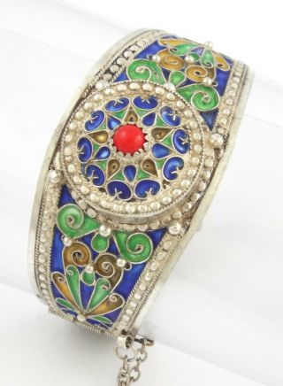 Antique / Vintage Moroccan Berber Sterling Silver Enamel Bracelet - Signed Obb