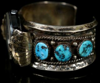 Old Pawn Navajo Vintage Morenci Turquoise Sterling Heavy Watch Cuff Bracelet